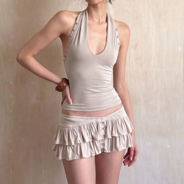 Sugarcoat-Halter Neck Plain Studded Open Back Crop Top