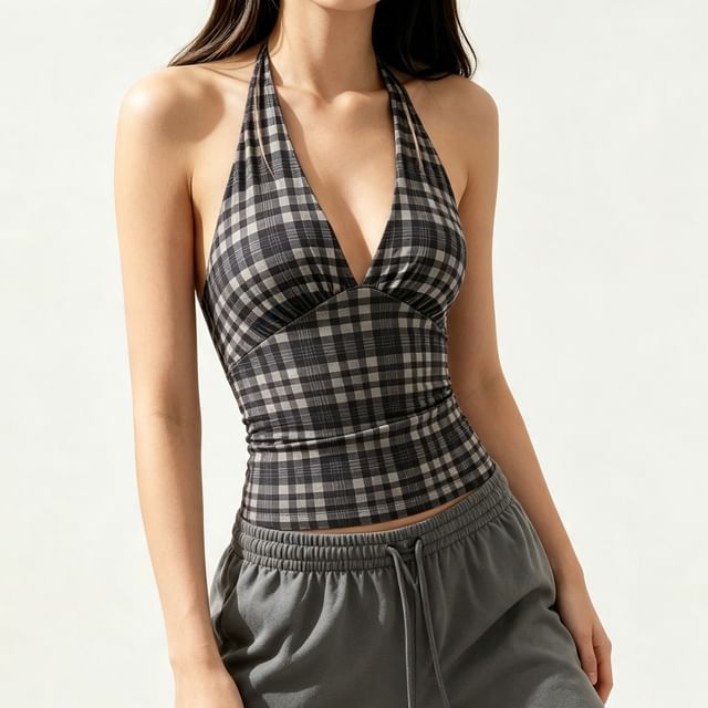 Sugarcoat-Halter V-Neck Plaid Crop Top