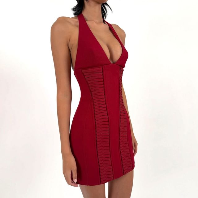 Sugarcoat-Halter V-Neck Plain Open Back Mini Bodycon Dress