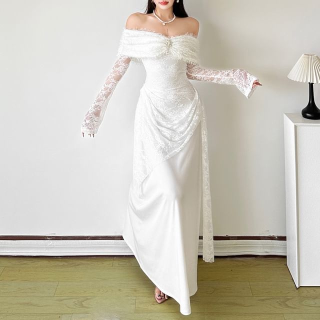 Sugarcoat-Long Sleeve Off Shoulder Plain Ruched Panel Lace Maxi A-Line Dress