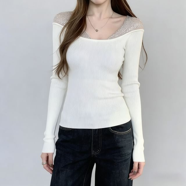 Sugarcoat-Long-Sleeve V-Neck Sequin Panel Crop Top