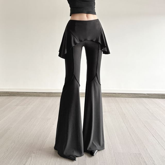 Sugarcoat-Low Waist Plain Skirt Overlay Flared Pants