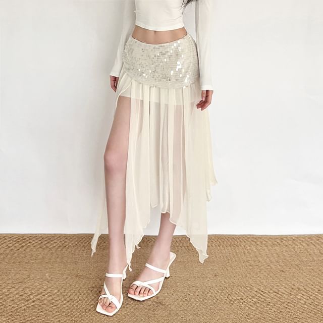 Sugarcoat-Low Waist Sequin Sheer Panel Slit Midi Skirt