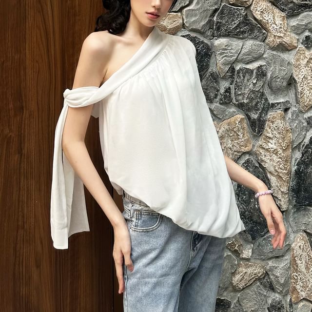 Sugarcoat-One Shoulder Plain Loose-Fit Tank Top