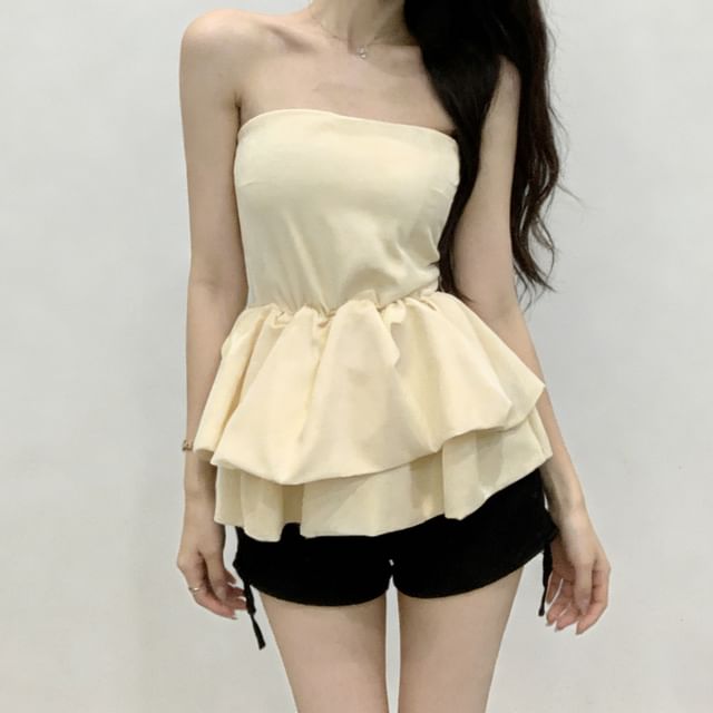 Sugarcoat-Plain Peplum Crop Tube Top