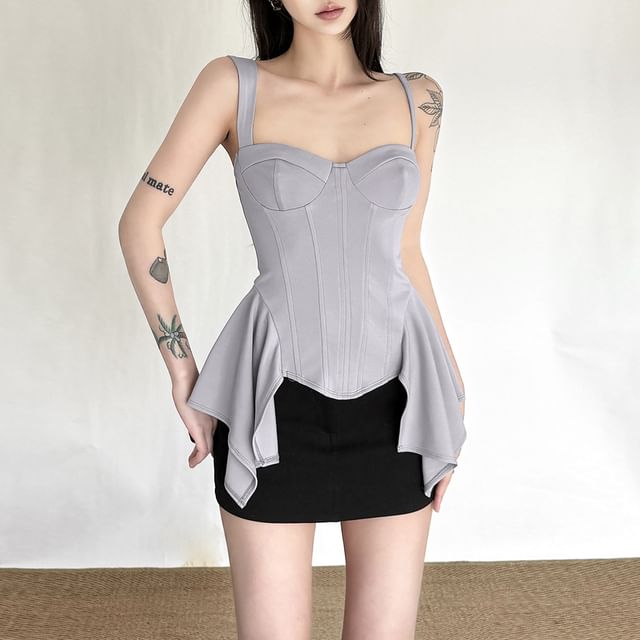 Sugarcoat-Plain Ruffle Panel Buckled Crop Corset Top