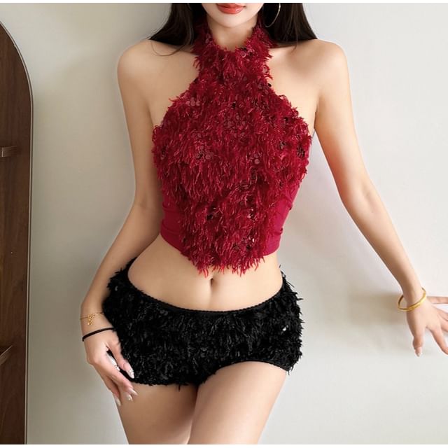 Sugarcoat-Sequin Fluffy Cropped Halter Top