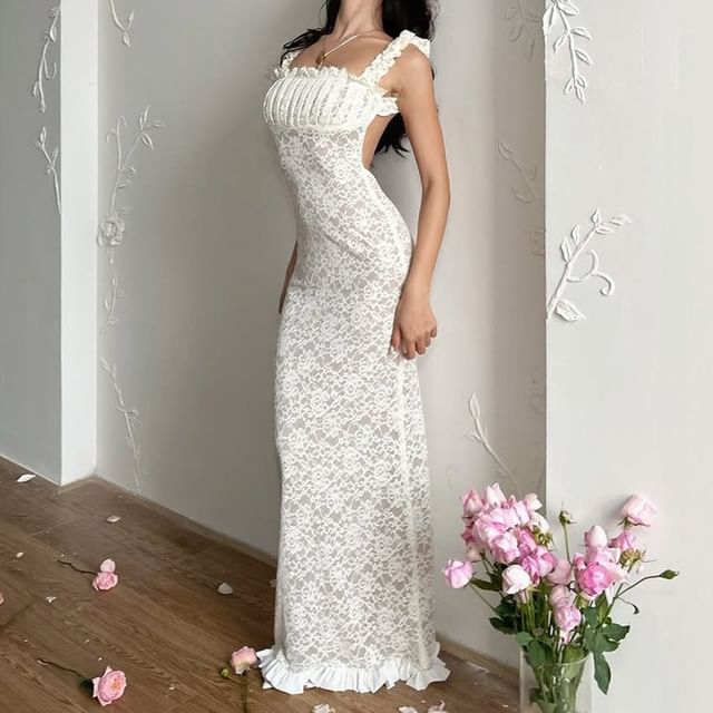 open back lace bodycon dress Sleeveless Square Neck Ruched Maxi Nav_Shop_ButtonDowns