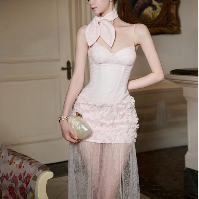 Sugarcoat-Spaghetti Strap Plain Lace Panel Maxi Sheath Dress