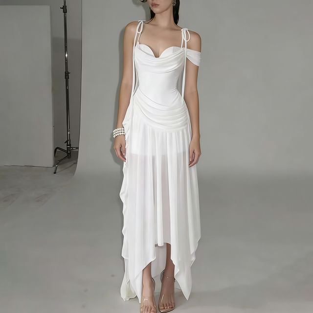 Sugarcoat-Spaghetti Strap Plain Ruffle Asymmetrical Maxi Sundress