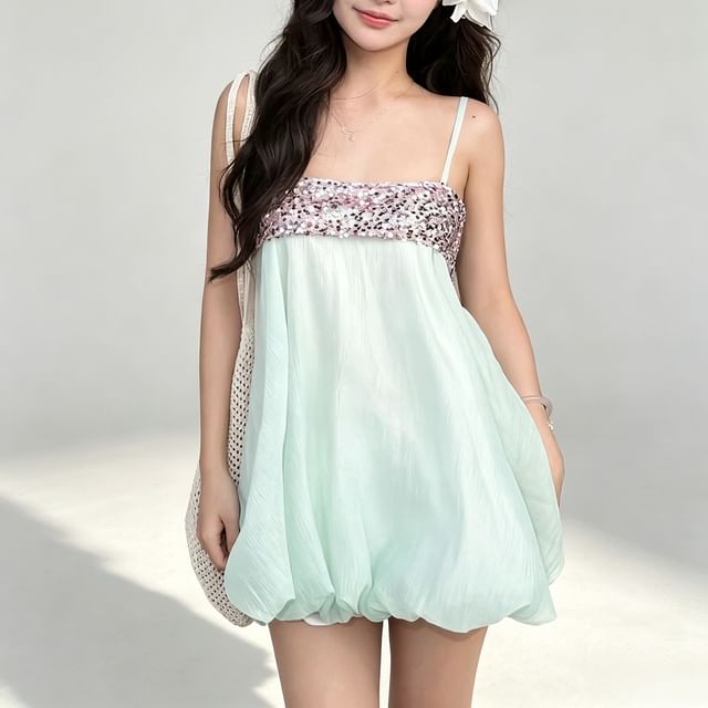 Sugarcoat-Spaghetti Strap Sequined Bubble Mini A-Line Dress