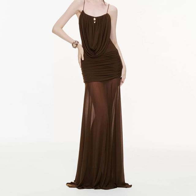 Sugarcoat-Spaghetti Strap Sheer Plain Maxi A-Line Dress