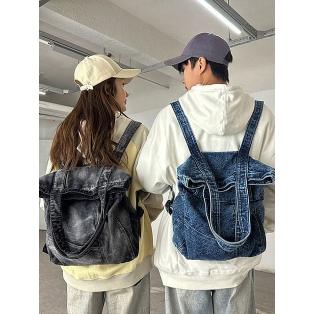 SUNMAN-Washed Panel Denim Backpack Tote