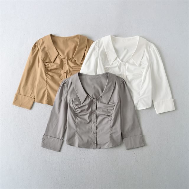 Superduper-34-Sleeve Collared Ruched Button-Up Plain Crop Blouse
