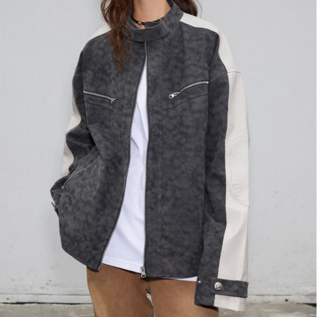 Superduper-Band Collar Panel Faux Leather Zip Jacket