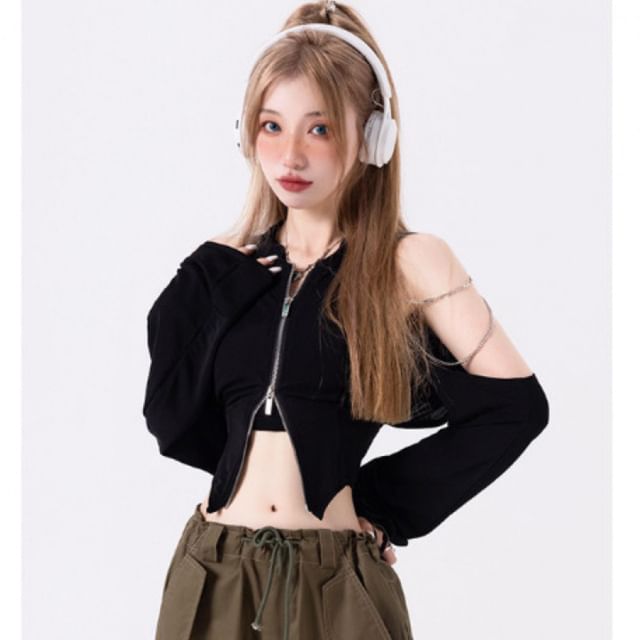 Superduper-Cold-Shoulder Plain Chained Crop Zip Jacket