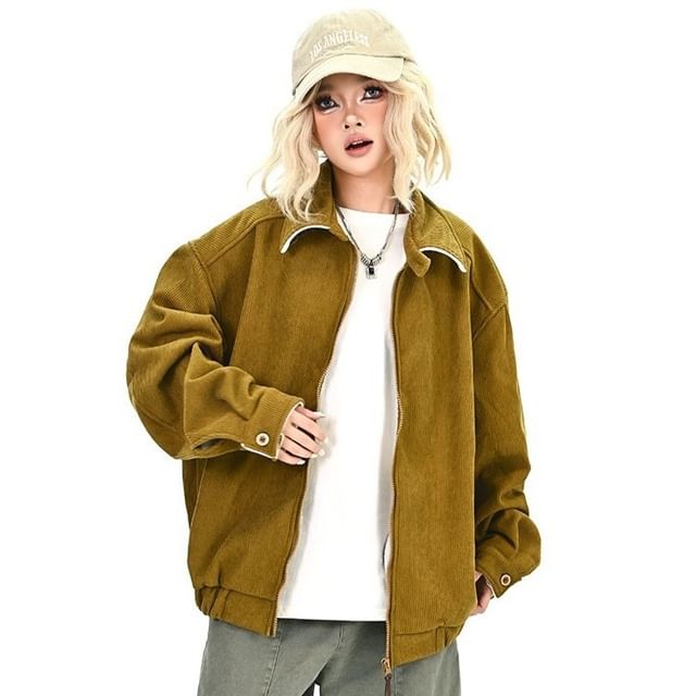 Superduper-Collared Plain Corduroy Zip Jacket