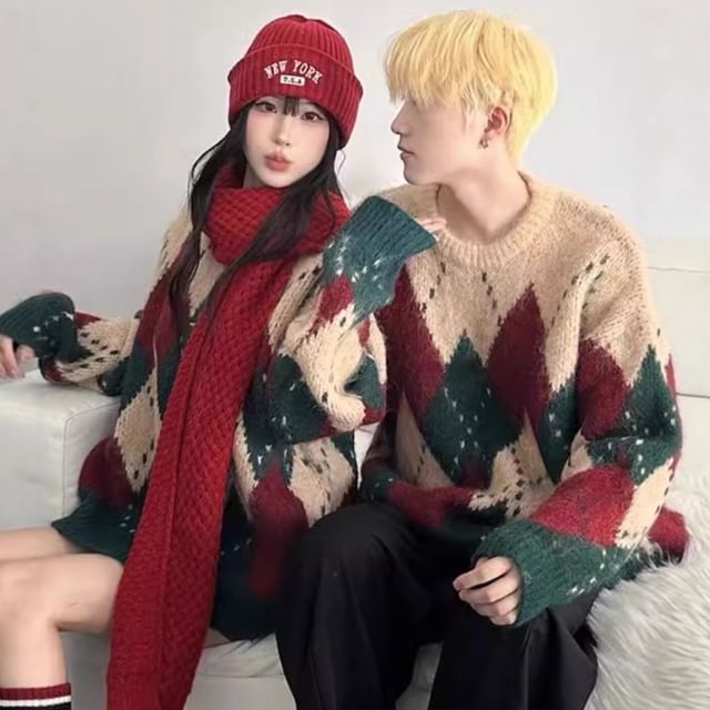 Superduper-Couple Matching Crewneck Argyle Sweater