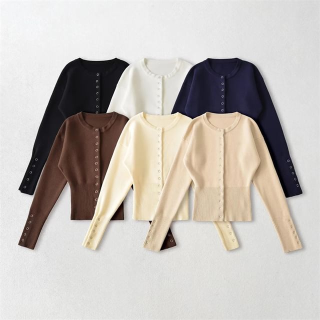 Superduper-Crew Neck Button-Up Plain Cardigan