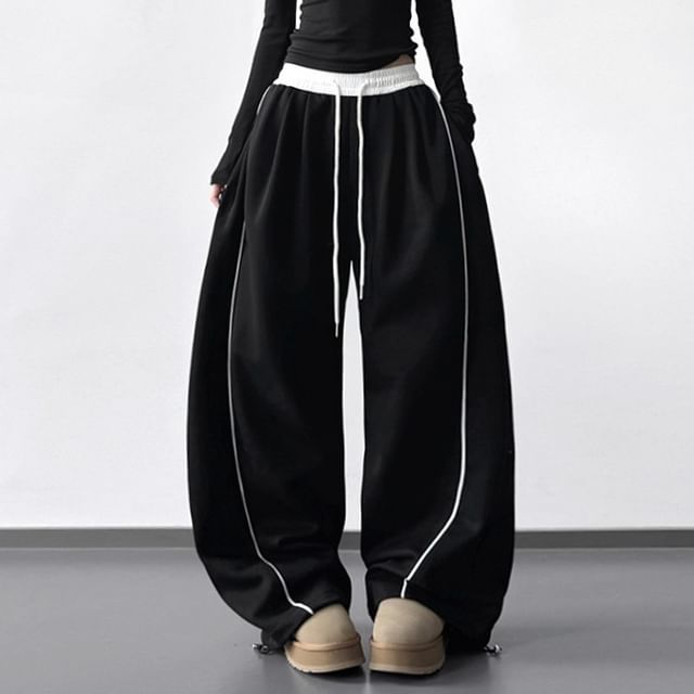 Superduper-Drawstring Waist Contrast Trim Wide Leg Pants