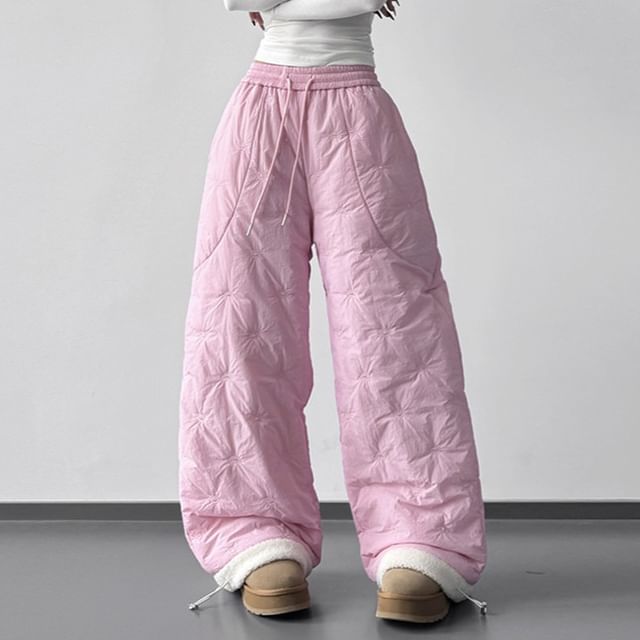 Superduper-Drawstring Waist Fleece Panel Padded Wide Leg Pants