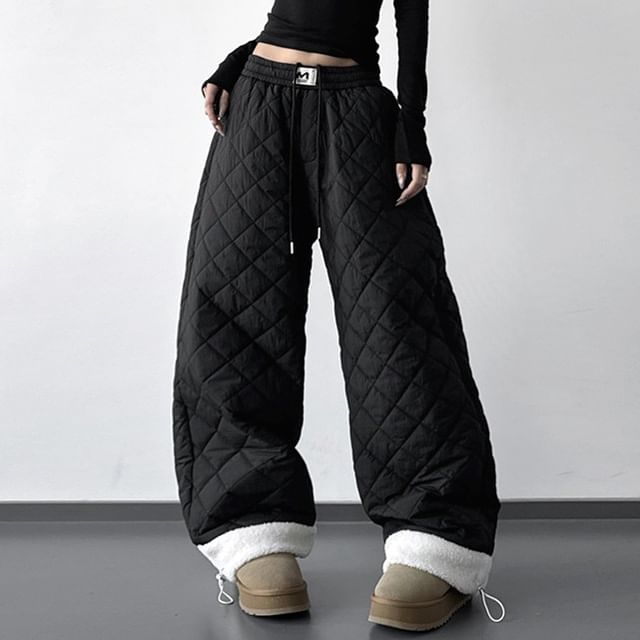 Superduper-Drawstring Waist Fleece Panel Quilted Baggy Pants