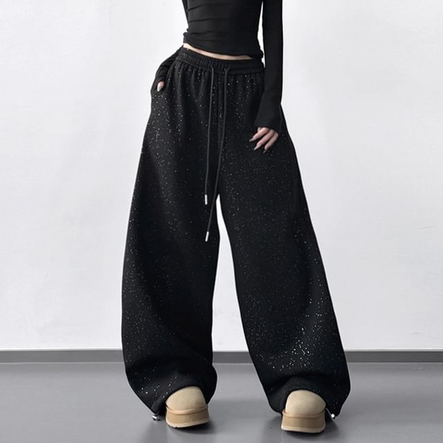 Superduper-Drawstring Waist Glitter Fleece-Lined Baggy Sweatpants