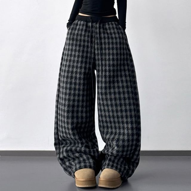 Superduper-Drawstring Waist Houndstooth Baggy Pants