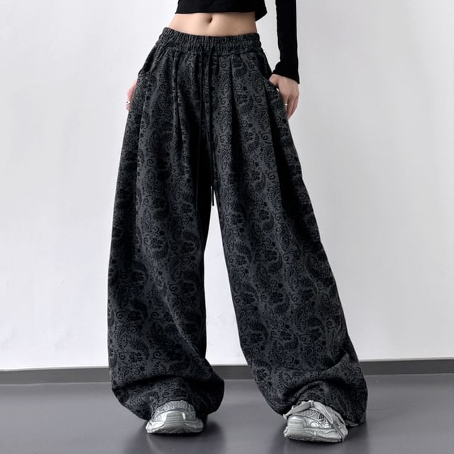 Superduper-Drawstring Waist Jacquard Baggy Pants