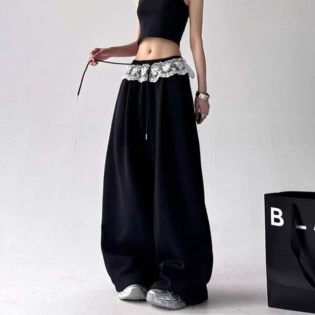 Superduper-Drawstring Waist Lace Ruffle Baggy Pants