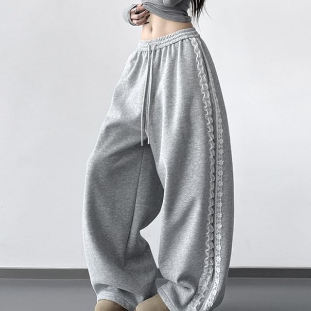 Superduper-Drawstring Waist Lace Trim Baggy Sweatpants