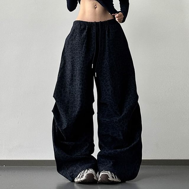 Superduper-Drawstring Waist Leopard Baggy Pants