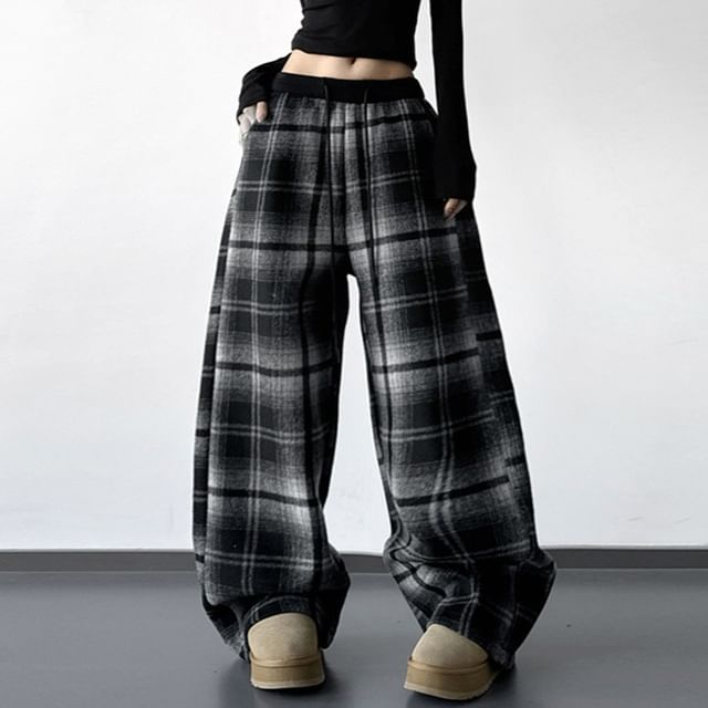 Superduper-Drawstring Waist Plaid Baggy Pants