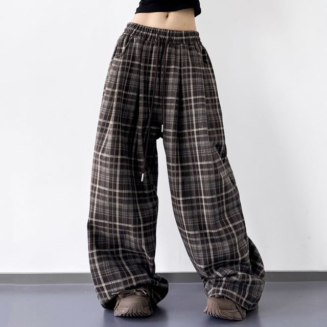 Superduper-Drawstring Waist Plaid Baggy Pants