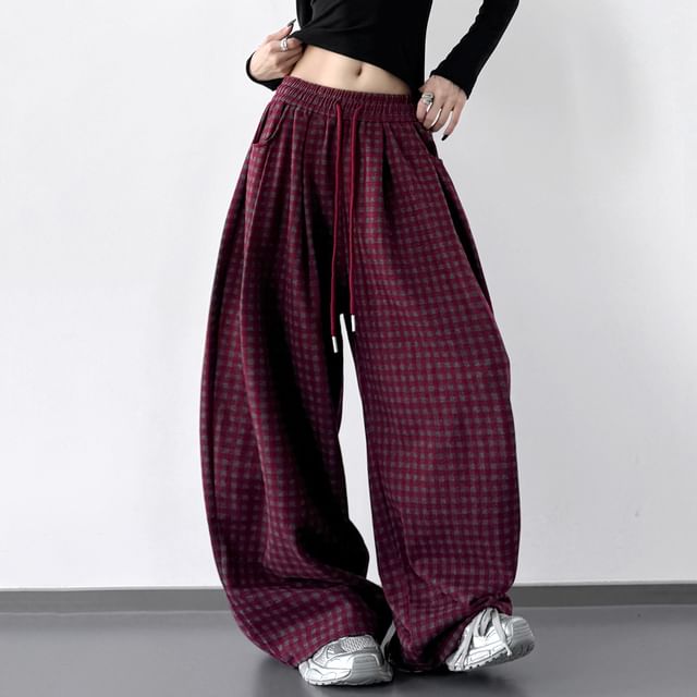 Superduper-Drawstring Waist Plaid Baggy Pants