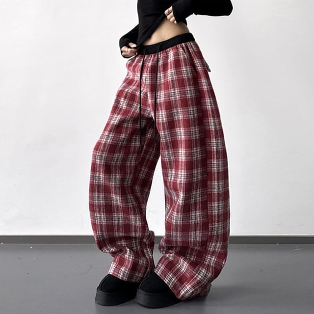 Superduper-Drawstring Waist Plaid Baggy Sweatpants