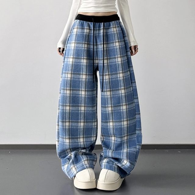 Superduper-Drawstring Waist Plaid Baggy Sweatpants