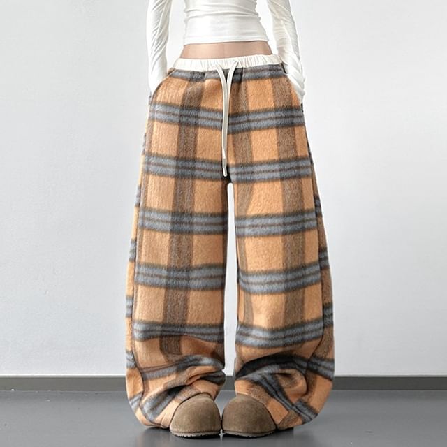 Superduper-Drawstring Waist Plaid Baggy Sweatpants