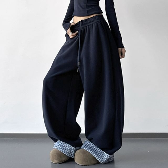 Superduper-Drawstring Waist Plaid Panel Baggy Sweatpants