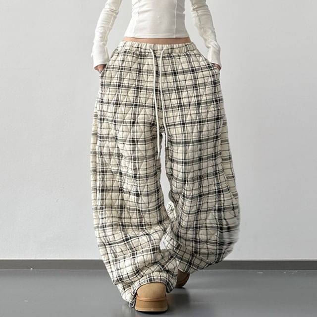 Superduper-Drawstring Waist Plaid Quilted Baggy Sweatpants