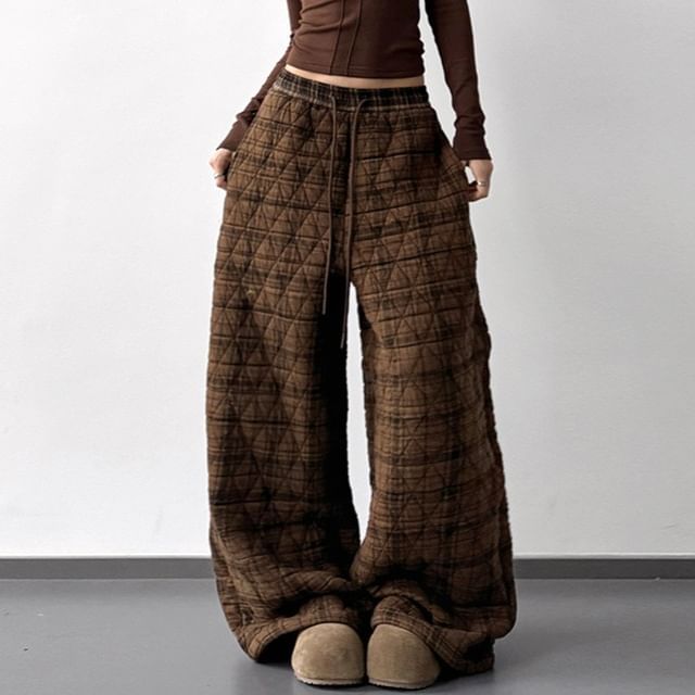 Superduper-Drawstring Waist Plaid Quilted Baggy Sweatpants