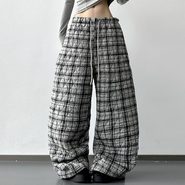 Superduper-Drawstring Waist Plaid Quilted Baggy Sweatpants