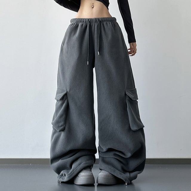 Superduper-Drawstring Waist Plain Baggy Cargo Sweatpants