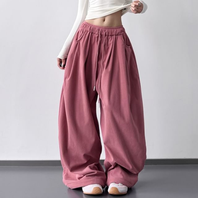 Superduper-Drawstring Waist Plain Baggy Pants
