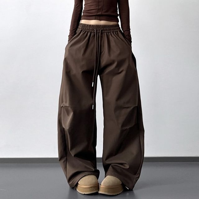 Superduper-Drawstring Waist Plain Baggy Pants
