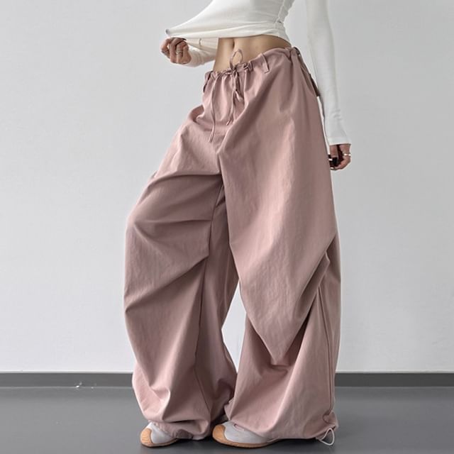 Superduper-Drawstring Waist Plain Baggy Parachute Pants