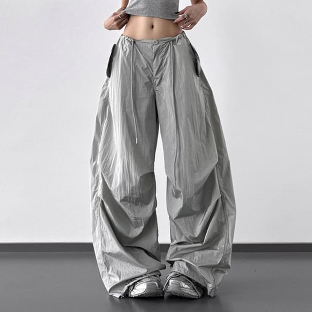 Superduper-Drawstring Waist Plain Baggy Parachute Pants