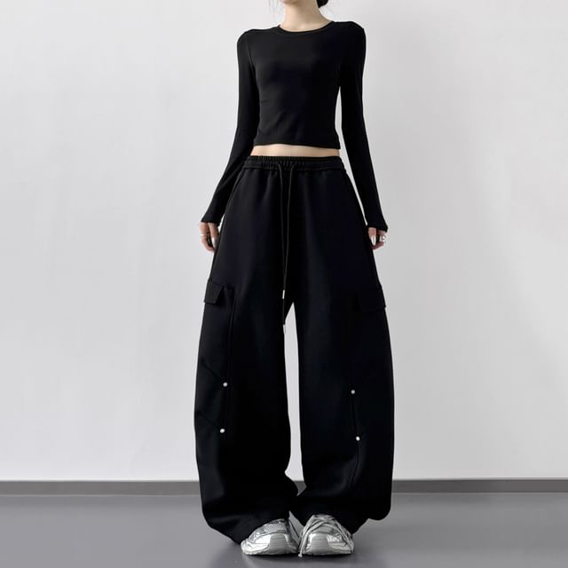 Superduper-Drawstring Waist Plain Baggy Sweatpants