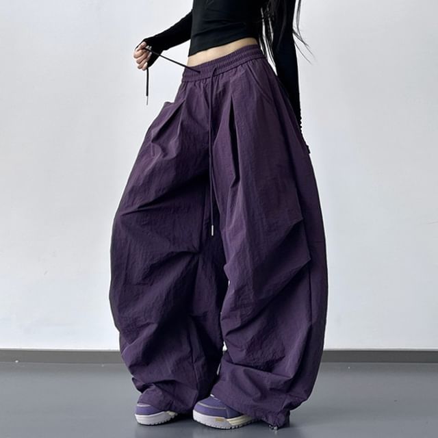 Superduper-Drawstring Waist Plain Barrel Leg Baggy Pants