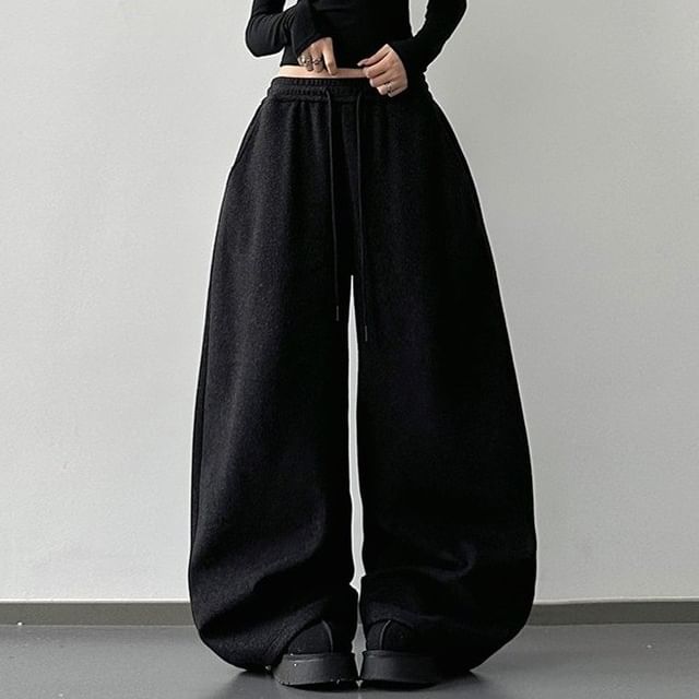 Superduper-Drawstring Waist Plain Barrel Leg Baggy Sweatpants